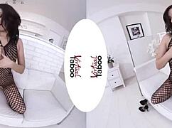 brunette masturbates shaved pussy to orgasm in wet fishnets taboo virtual scene