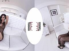 brunette masturbates shaved pussy to orgasm in wet fishnets taboo virtual scene