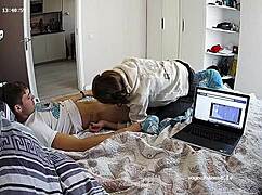 amateur brunette euro babe sucks and jerks off a young couple in a voyeur handjob session