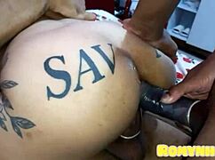 Blonde skinny girl from Rio takes double penetration and gets cum