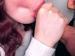Sloppy deepthroat blowjob on public balcony with plump brunette