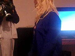 This sexy white slut with big tits is auditioning for porn in a thong, looking so hardcore