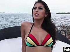 sophia leone takes a big vacation cock in her hairless pussy, sucking it deep before bending over for doggystyle pounding and riding in missionary