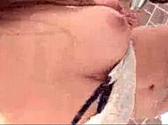 Girl reveals huge breasts in toilet for cumshot.