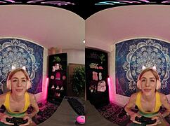 Blonde petite 18+ masturbates with toys in soothing early morning VR Allure!