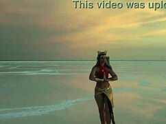 mature women dancing under pink sky with white salt