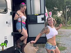 Trailer trash stepmom hooks stepdaughter up with a huge cock. She even tosses in free candy for Halloween!