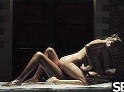black beauty and sexy blonde oil each other for passionate lesbian sex