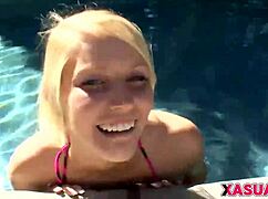 Beautiful blonde teen Vanessa Cage takes two big cocks in a thrilling threesome