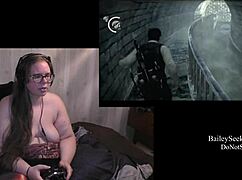 Naked brunette with tattoos and piercings exposes her monster ass in Evil Within playthrough.