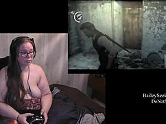 Naked brunette with tattoos and piercings exposes her monster ass in Evil Within playthrough.
