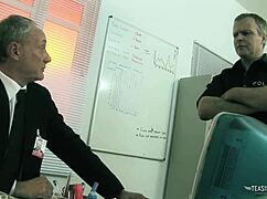 Before leaving the police station, the brunette with big tits endures intense threesome fucking and deepthroat