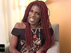 Black tranny strokes her cock while fingering her ass in amateur session