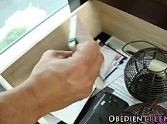 Cuffed Teen's Face Smeared With Cum From Big Cock