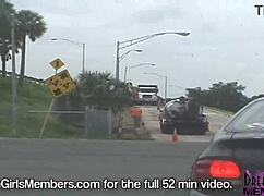 hot blonde flashing natural tits, riding topless in convertible outdoors