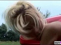 teen blonde gives blowjob and gets fucked outdoor in car
