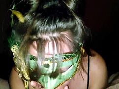 this milf in green mask is licking and sucking a thick cock 😍