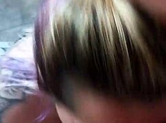 Blonde girlfriend performs deepthroat blowjob and swallows cum