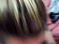 Blonde girlfriend performs deepthroat blowjob and swallows cum