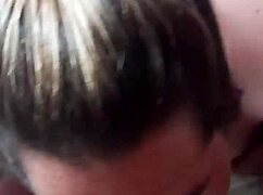 Blonde girlfriend performs deepthroat blowjob and swallows cum