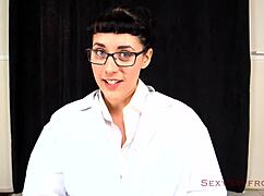 In the fertility clinic, nerdy cosplayer licks and swallows cum from handjob