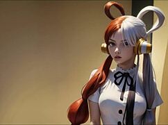 Ai generated uta one piece uses dildo in hentai cartoon.