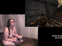 Naked Brunette Plays Last of Us Part 2 with Big Ass and Piercings