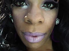 Solo black trans woman strokes her cock in stockings