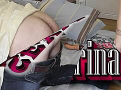 femdom mistress smears cream on anus before strapon fucking her lover