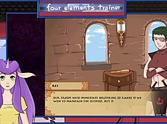 Muscular Bodybuilder Brunette With Big Tits Gives A Blowjob To The Avatar Trainer In This Anime Scene.