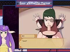 Muscular Bodybuilder Brunette With Big Tits Gives A Blowjob To The Avatar Trainer In This Anime Scene.