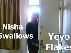 Nisha casually swallows in this ebony bbw bondage roleplay.