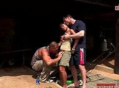 brunette asian slut takes outdoor anal in wild threesome