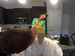 Horny stepson licks my nylon soles!
