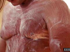 brunette teen with piercing bathes and massages old husband