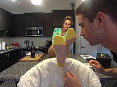 Horny stepson licks my nylon soles!