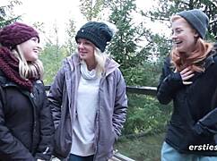 Three amateur lesbians kissing and licking pussies in a party.