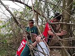 Chubby guys enjoying gay sex scene with horny muscular men in the woods