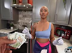 I'm obsessed with maid Daphne's thick ass, stripping for cash feels so raw. Her ebony curves in doggystyle drive me wild!