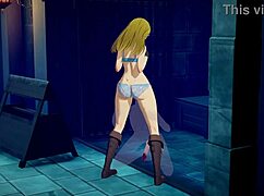 blonde girl zelda rides him in cowgirl, licking and making him cum hard