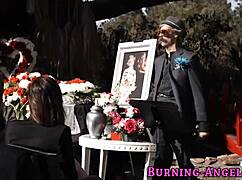 This goth girl is fucking and sucking a big cock outdoors, embracing that punk alternative vibe.