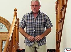 A blonde babe gets banged by old guys in a threesome