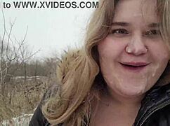 Watch this huge facial on a cute BBW blonde with big breasts in the rain!