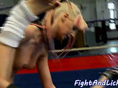 Muscular dyke getting her pussy licked after a tough wrestling match, babe 😏