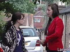 British milf aggressively licks teen's tight cunt in stockings and heels