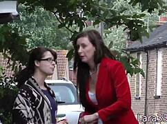 British milf aggressively licks teen's tight cunt in stockings and heels