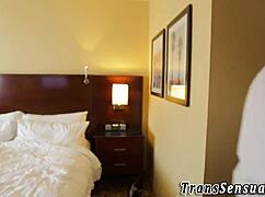 Shemale babe receives intense facial cumshot.