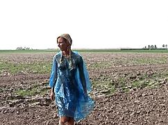 Does this smoking hot blonde babe love threesome blowjobs outdoors?