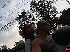 my thai teen girlfriend gives blowjob after workout, licking balls pov