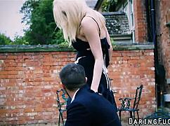 Classy european blonde babe sucks big cock while riding.